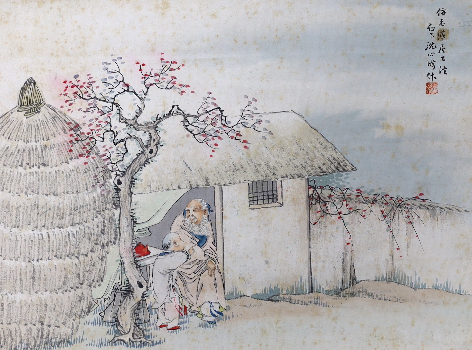 A Chinese scroll painting on paper of a sage and a boy in a hut, early 20th century, image 31.5cm x 42.5cm